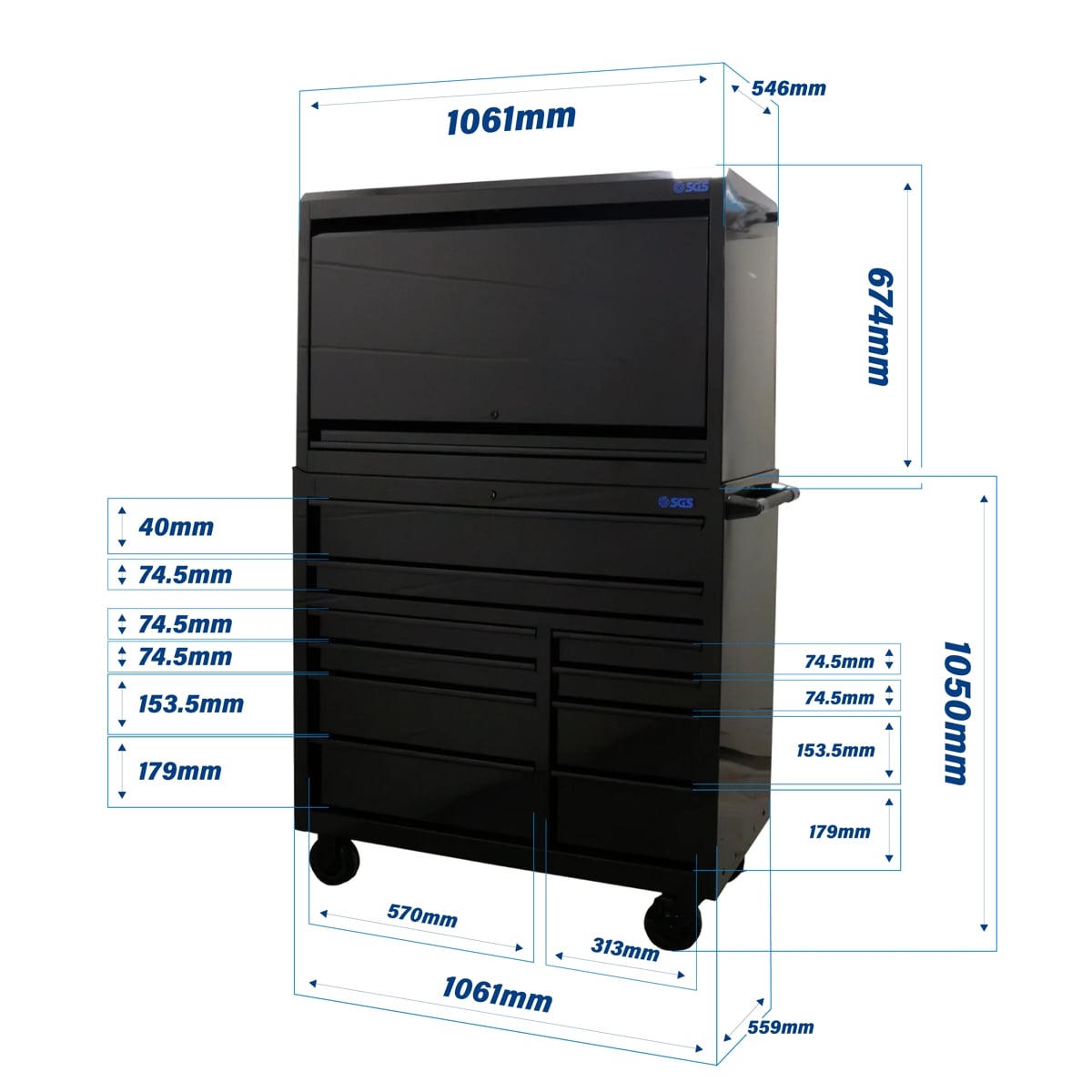 SGS 42in 10 Drawer Roller Cabinet with Top Hutch | Black